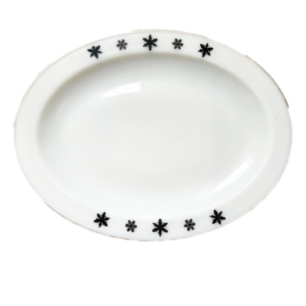 Vintage Pyrex Milk-glass Snowflake Oval Platter with Gold Trim Made in England